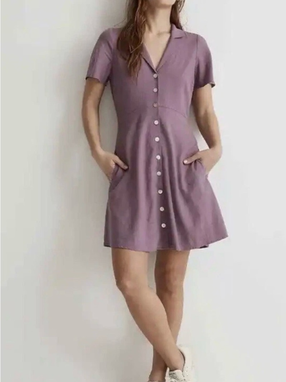 Madewell Kacie Mini Shirtdress Antique Womens Size 00 Purple Linen Blend Pockets